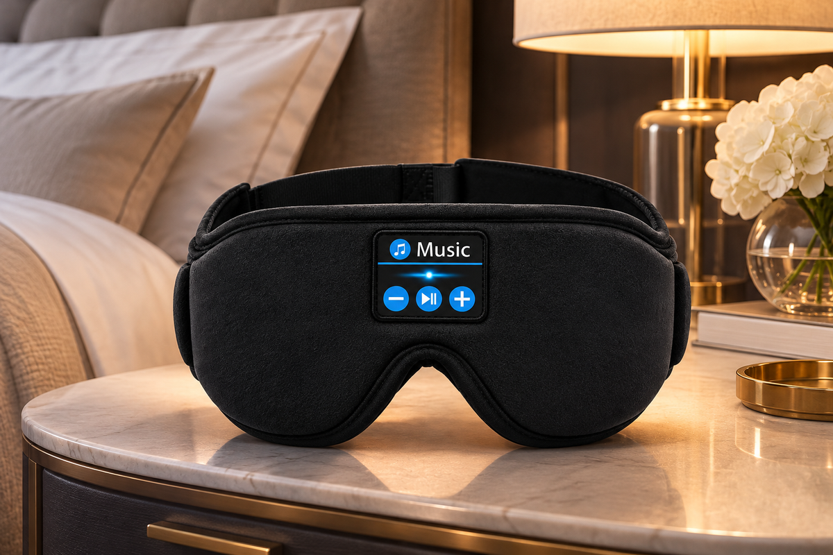Zzzen Mask – Midnight Black Bluetooth sleep mask on a nightstand by a warm lamp