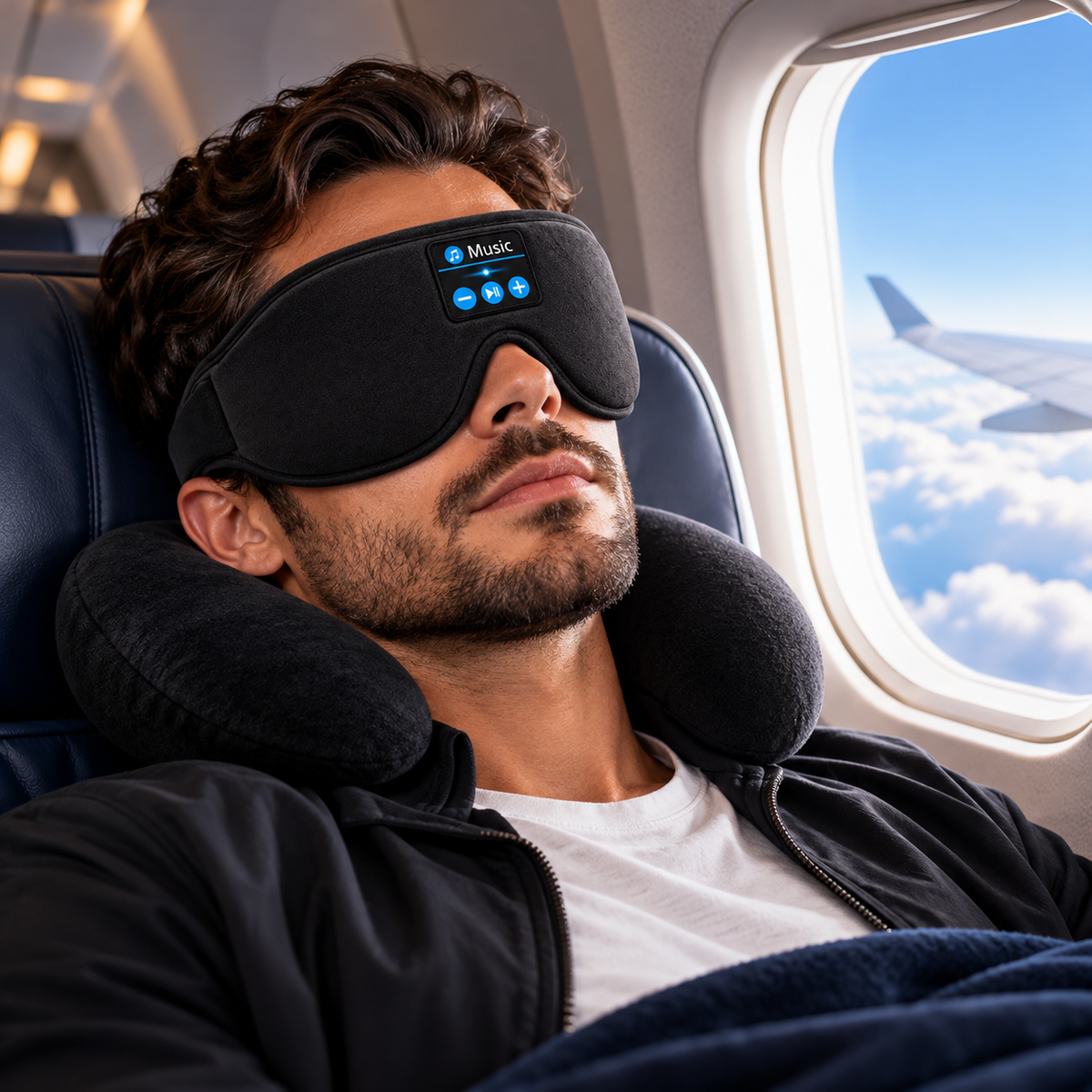 Comfortable rest on a flight with the Zzzen sleep mask