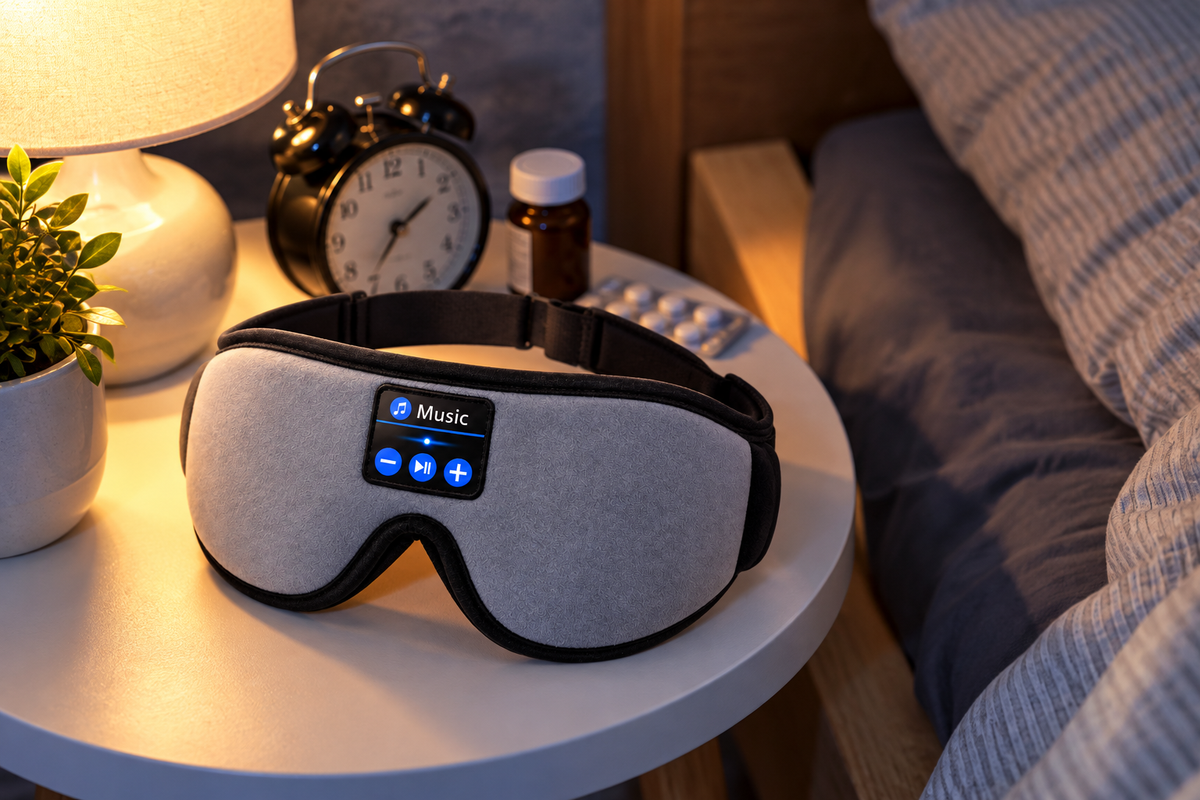 Zzzen Bluetooth sleep mask on the nightstand by the bed