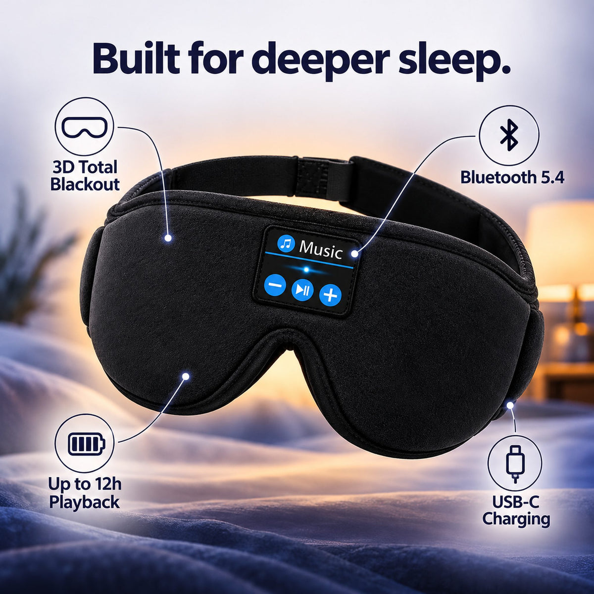 Zzzen Mask benefits: 3D total blackout, Bluetooth 5.4, up to 12h playback, USB-C charging